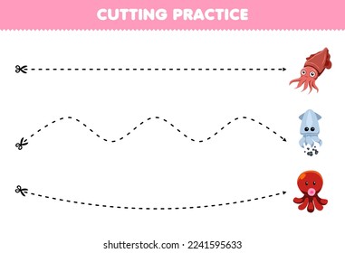 Education game for children cutting practice with cute cartoon cuttlefish squid octopus picture printable underwater worksheet