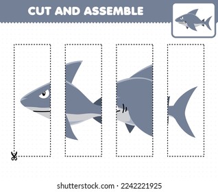 Juego de educación para niños cortando prácticas y ensamblando puzzle con una tiburón de dibujos animados tiburón imprimible bajo el agua