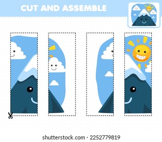 Education game for children cutting practice and assemble puzzle with cute cartoon mountain sun and cloud printable nature worksheet