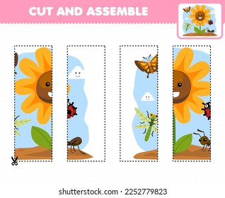 Education game for children cutting practice and assemble puzzle with cute cartoon flower and bug printable nature worksheet
