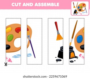 Education game for children cutting practice and assemble puzzle with cute cartoon brush ink and palette printable tool worksheet