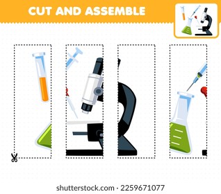 Education game for children cutting practice and assemble puzzle with cute cartoon microscope syringe and beaker printable tool worksheet