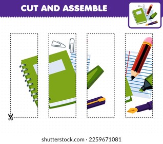 Education game for children cutting practice and assemble puzzle with cute cartoon book pencil marker and pen printable tool worksheet