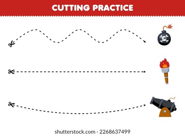 Education game for children cutting practice with cute cartoon bomb torch and cannon picture printable pirate worksheet