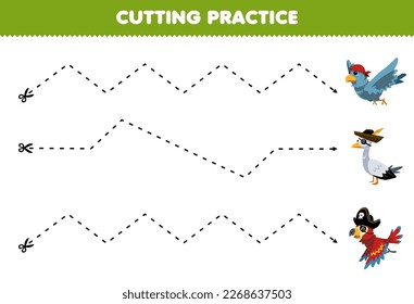 Education game for children cutting practice with cute cartoon dove seagull and parrot wearing pirate outfit picture printable pirate worksheet