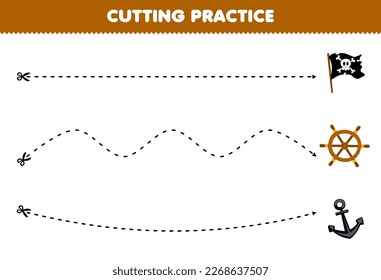 Education game for children cutting practice with cute cartoon flag wheel and anchor picture printable pirate worksheet