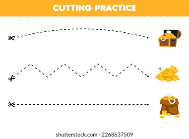 Education game for children cutting practice with cute cartoon treasure chest picture printable pirate worksheet