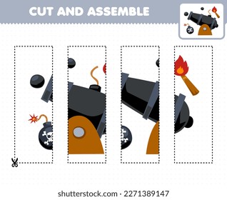 Education game for children cutting practice and assemble puzzle of cute cartoon bomb cannon and torch printable pirate worksheet