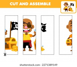Education game for children cutting practice and assemble puzzle of cute cartoon bald man with treasure printable pirate worksheet
