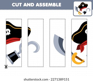 Juego de educación para niños cortando la práctica y ensamblando el rompecabezas de la hoja de cálculo pirata de gancho de sombrero de dibujos animados y espada imprimible