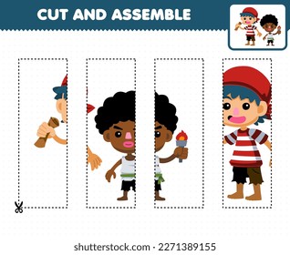 Education game for children cutting practice and assemble puzzle of cute cartoon boys character printable pirate worksheet