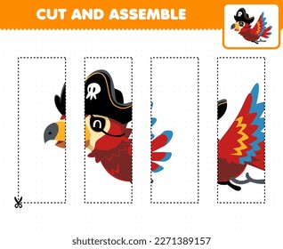 Education game for children cutting practice and assemble puzzle of cute cartoon flying parrot with pirate hat printable pirate worksheet