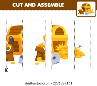 Education game for children cutting practice and assemble puzzle of cute cartoon gold and treasure chest printable pirate worksheet