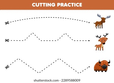 Education game for children cutting practice with cute cartoon moose deer yak picture printable animal worksheet