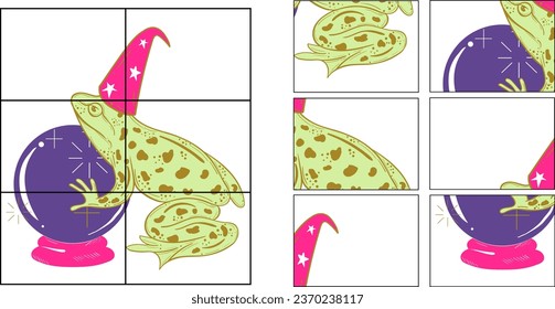 Education game for children cutting practice and assemble puzzle with enchanted frog