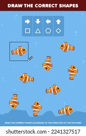 Education game for children draw the correct shape according to the direction of cute cartoon fish pictures printable underwater worksheet