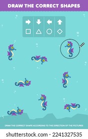 Education game for children draw the correct shape according to the direction of cute cartoon seahorse pictures printable underwater worksheet