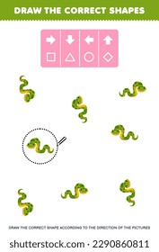 Education game for children draw the correct shape according to the direction of cute cartoon snake pictures printable animal worksheet