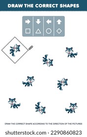 Education game for children draw the correct shape according to the direction of cute cartoon wolf pictures printable animal worksheet