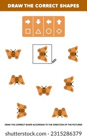Education game for children draw the correct shape according to the direction of cute cartoon moth pictures printable bug worksheet