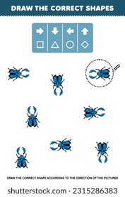 Education game for children draw the correct shape according to the direction of cute cartoon stag beetle pictures printable bug worksheet