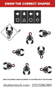 Erziehungsspiel für Kinder zeichnen die richtige Form entsprechend der Richtung süßer Cartoon-Skorpion-Bilder druckbare Bug-Tabelle