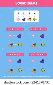 Education game for children draw lines according to the number sequences cute cartoon starfish shell hermit crab fish pictures printable underwater worksheet