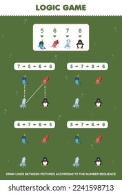 Education game for children draw lines according to the number sequences of cute cartoon narwhal cuttlefish squid penguin pictures printable underwater worksheet