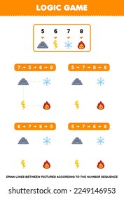 Education game for children draw lines according to the number sequences of cute cartoon cloud thunder snowflake fire pictures printable nature worksheet