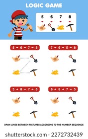 Education game for children draw lines according to the number sequences of cartoon treasure map shovel gold and pickaxe picture printable pirate worksheet