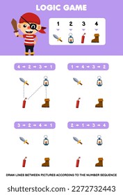 Education game for children draw lines according to the number sequences of cartoon sword lantern dynamite boot picture printable pirate worksheet