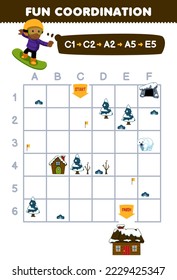 Education game for children draw the way according to the coordinates to help the boy playing snowboard to the house printable winter worksheet