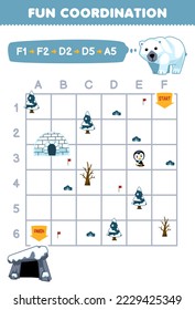 Education game for children draw the way according to the coordinates to help the polar bear move to the den printable winter worksheet