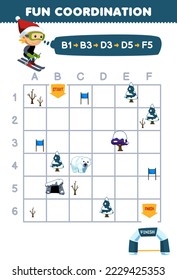 Education game for children draw the way according to the coordinates to help the boy playing ski to the finish line printable winter worksheet