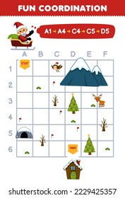 Education game for children draw the way according to the coordinates to help santa move to the house printable winter worksheet