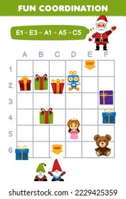 Education game for children draw the way according to the coordinates to help santa move to gnome printable winter worksheet