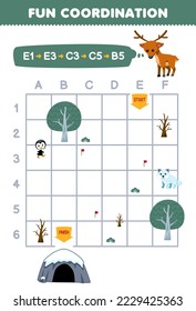 Education game for children draw the way according to the coordinates to help the deer move to den printable winter worksheet