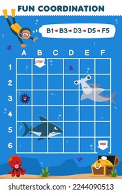 Education game for children draw the way according to the coordinates to help diver move to the treasure chest printable underwater worksheet