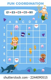 Education game for children draw the way according to the coordinates to help old mermaid move to the narwhal printable underwater worksheet