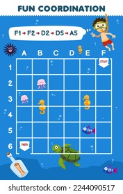 Education game for children draw the way according to the coordinates to help diver move to the bottle printable underwater worksheet