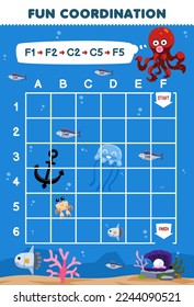 Education game for children draw the way according to the coordinates to help octopus move to the coral printable underwater worksheet