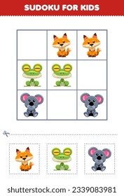Education game for children easy sudoku for kids with cute cartoon fox frog koala printable animal worksheet