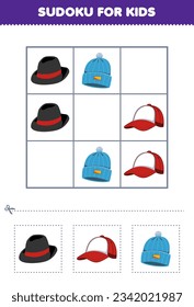 Education game for children easy sudoku for kids with cute cartoon cap fedora beanie hat printable clothes worksheet