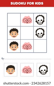 Education game for children easy sudoku for kids with cute cartoon boy head skull and brain printable anatomy and organ worksheet
