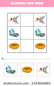 Education game for children easy sudoku for kids with cute cartoon flying dinosaur egg nest printable prehistoric dinosaur worksheet
