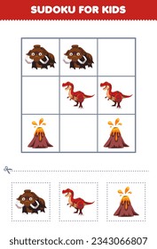 Education game for children easy sudoku for kids with cute cartoon mammoth tyrannosaurus volcano printable prehistoric dinosaur worksheet