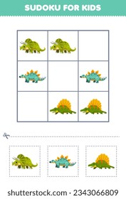 Education game for children easy sudoku for kids with cute cartoon triceratops stegosaurus dimetrodon printable prehistoric dinosaur worksheet