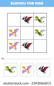 Education game for children easy sudoku for kids with cute cartoon flying dinosaur printable prehistoric dinosaur worksheet