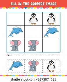 Education game for children Fill In The Correct Image with Cute Animal