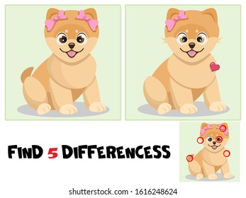 Juego de educación para niños "Encuentre 5 diferencias"; cachorros adorables con arcos rosas; ilustración vectorial.